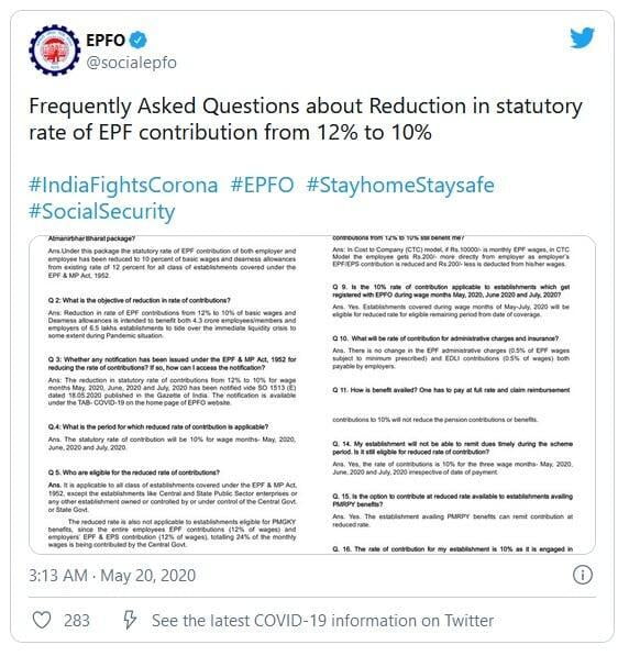 EPFO Contribution reduced from 12% to 10%